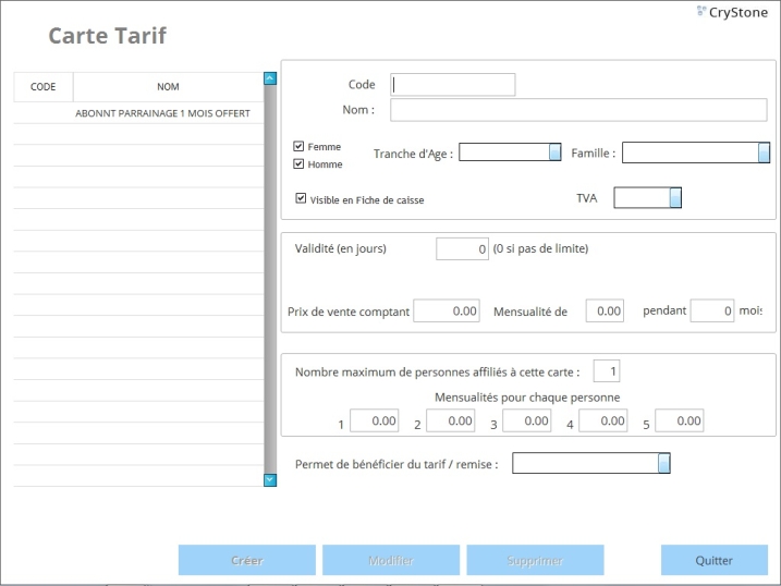 La carte tarif